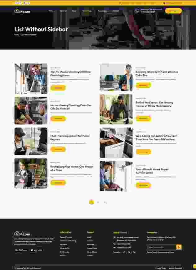 Website blog archive layout template showcasing home repair and plumbing articles.