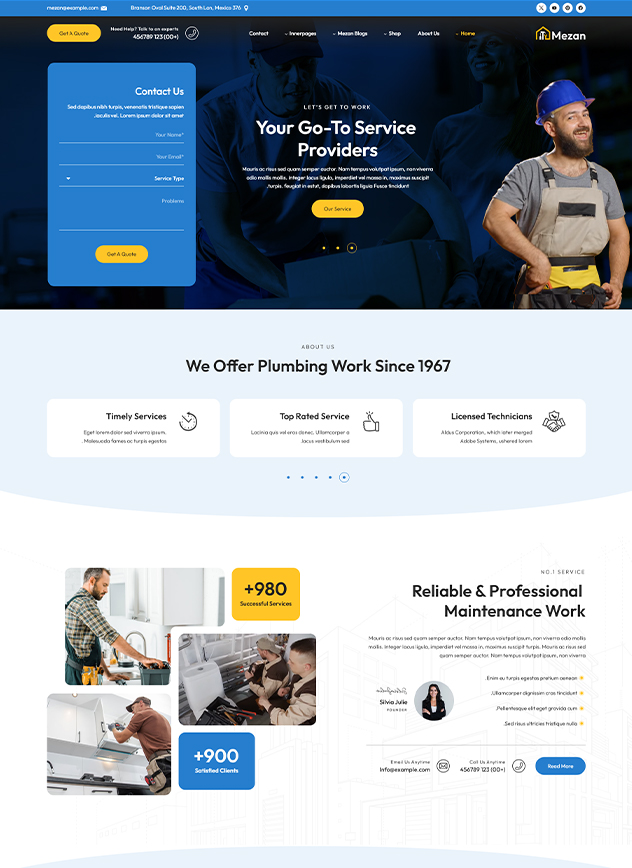 Website layout template highlighting professional plumbing and maintenance services.