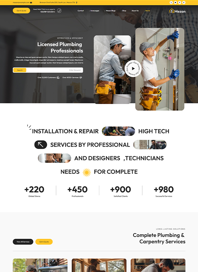 Website layout template designed for licensed plumbing and home service professionals.