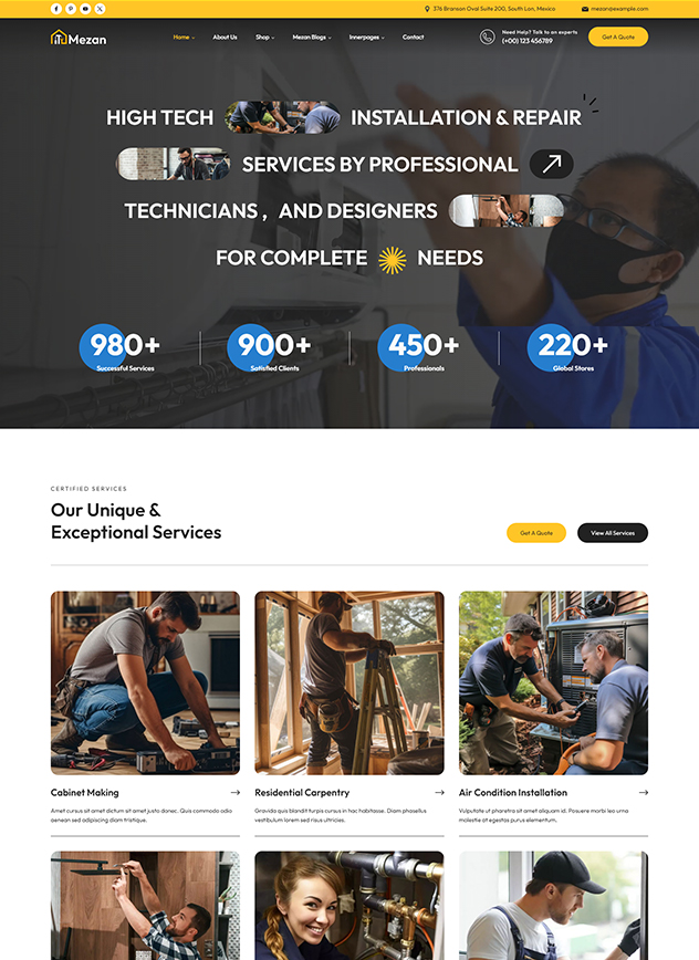 Website landing page template highlighting technical repair, carpentry, and installation services.
