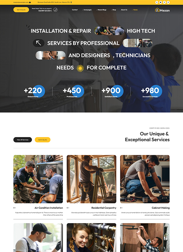 Website design template displaying a breakdown of residential installation and repair services.