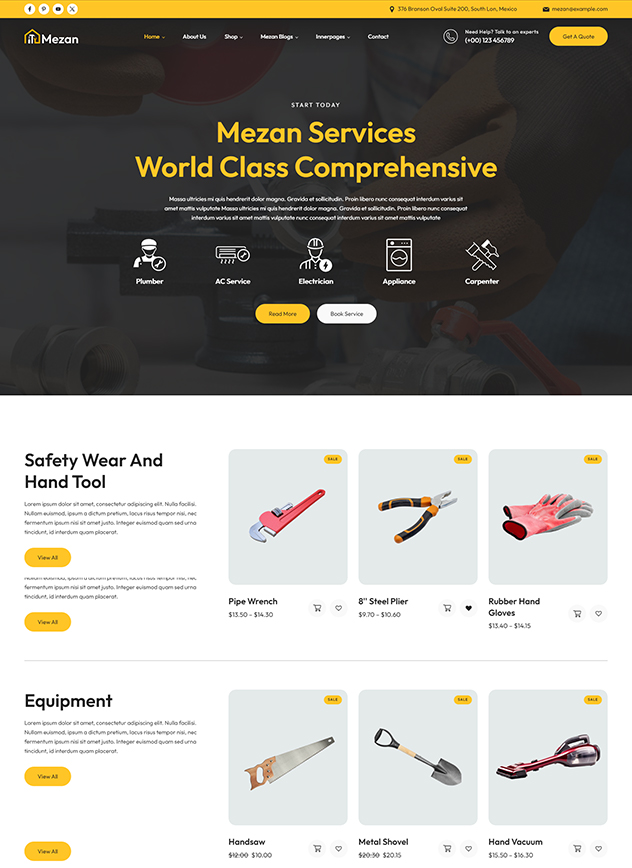 Website template page featuring an online store catalog for plumbing equipment and safety gear.