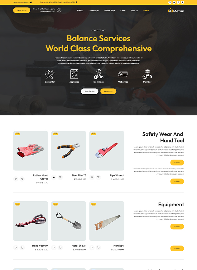 E-commerce website layout template featuring hardware products, safety wear, and hand tools.