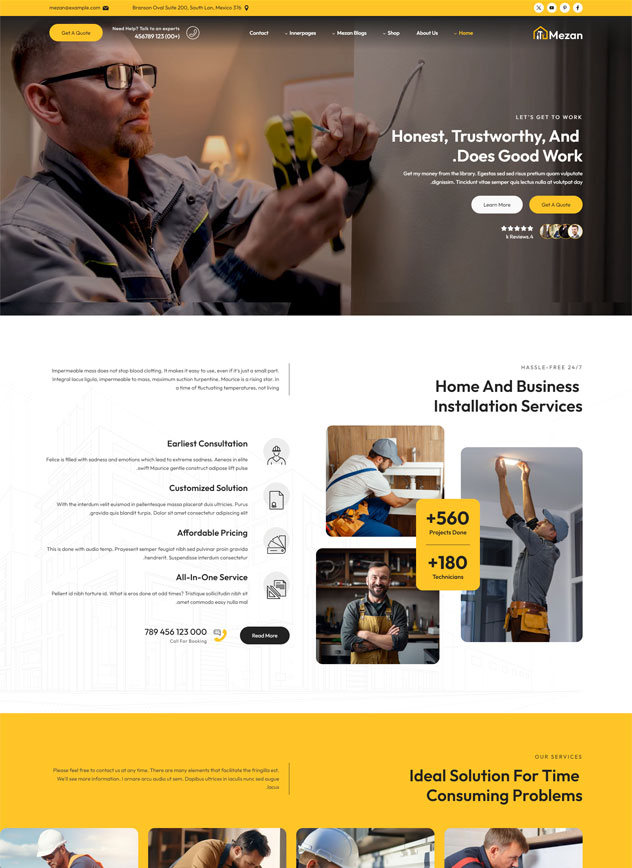 Website homepage layout template for home maintenance, repair, and installation services.