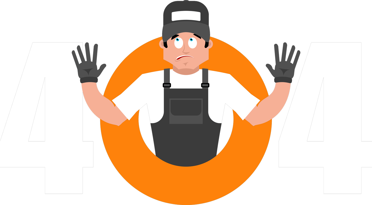 Cartoon graphic of a confused worker inside an orange circle between two large number 4s to depict a 404 error page.
