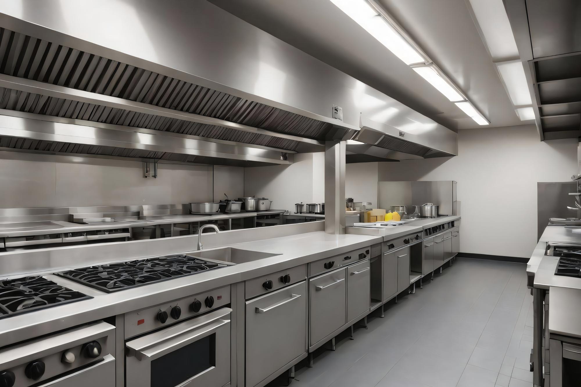 Commercial kitchen interior, oven, exhaust, sinks, stainless ste