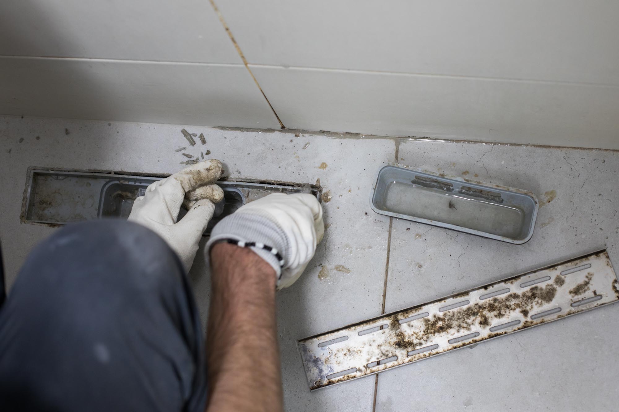 Mold damage in bathroom. Sewer and bathroom drain