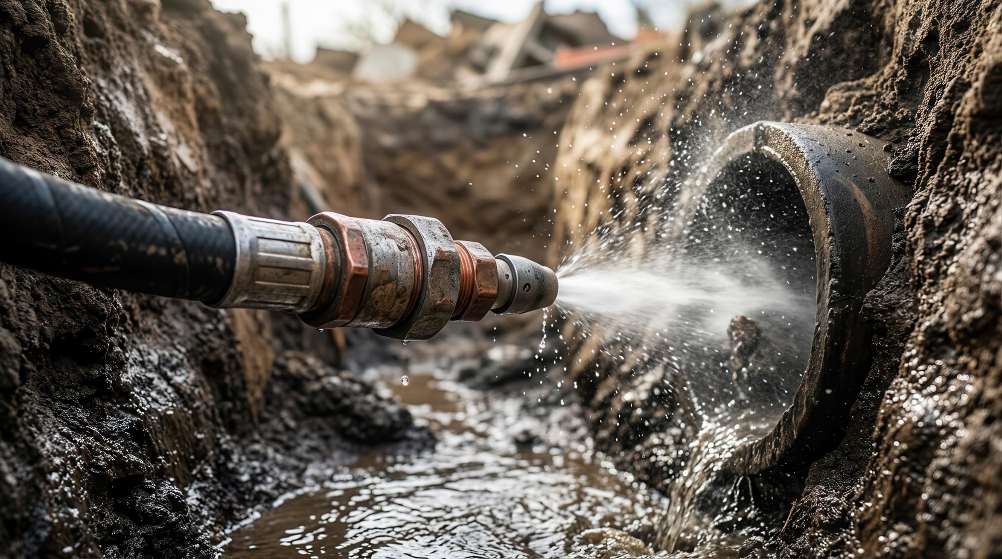 Excavated sewer line undergoing hydro jetting service to remove