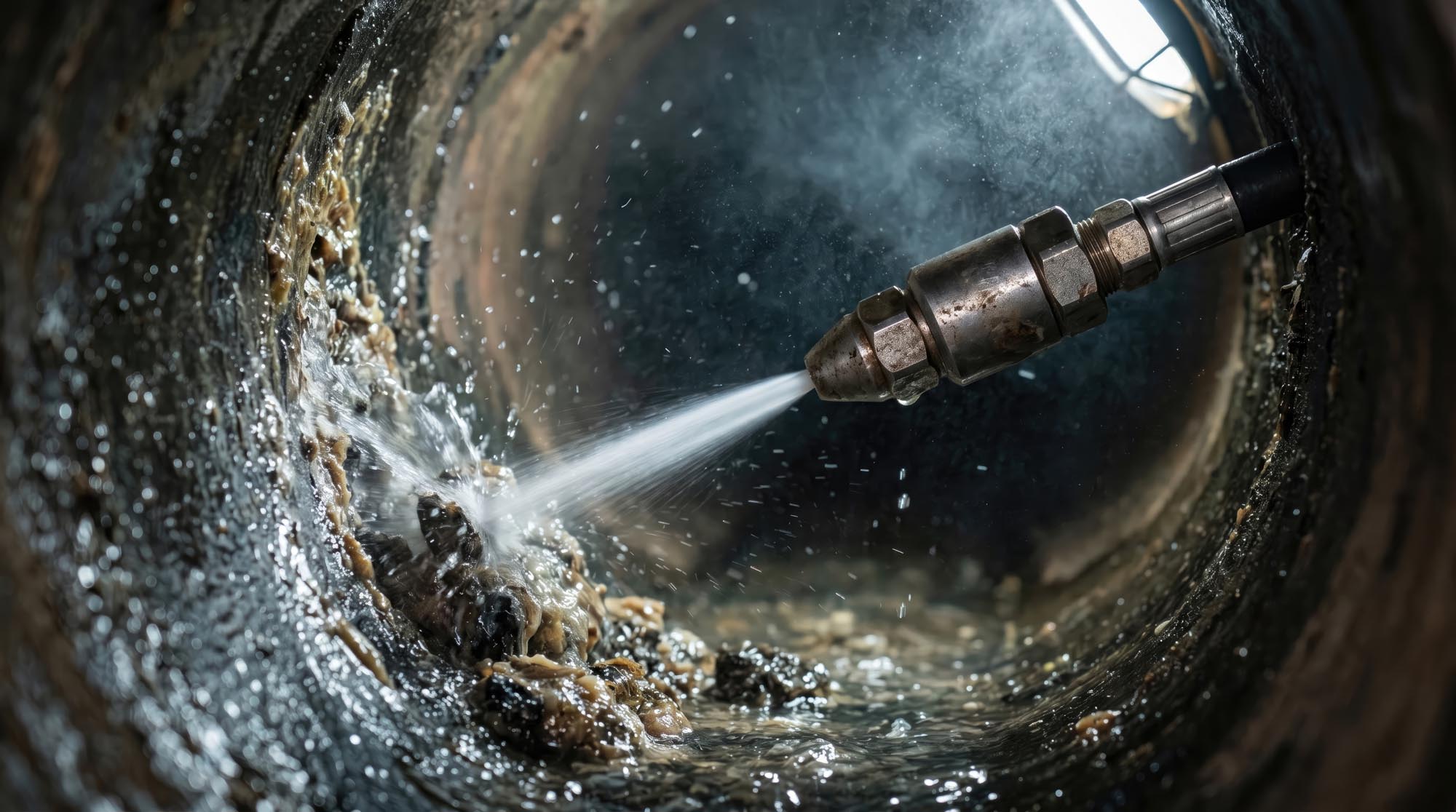 Maintenance severed main sewer pipe hydro jet cleaning concept. High-pressure water jet cleaning a dirty sewer pipe, showing debris and water flow.