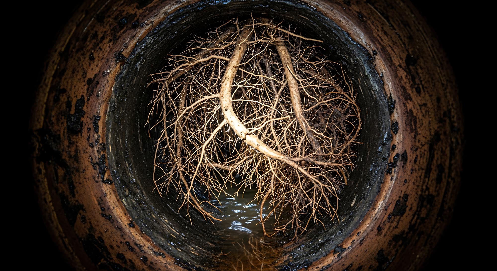 Tree roots blocking a circular drainpipe