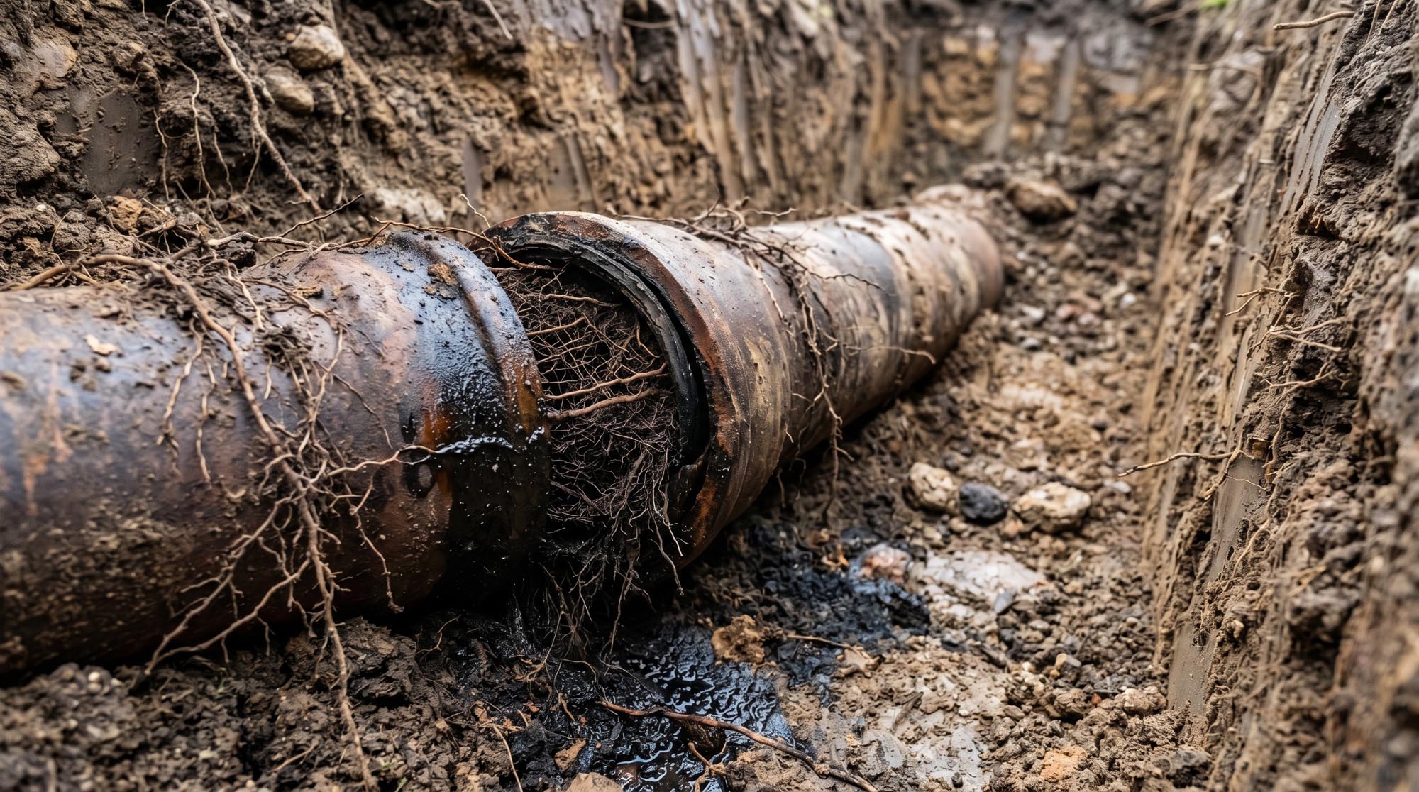 Broken sewer pipe blocked by invasive tree roots excavated in di