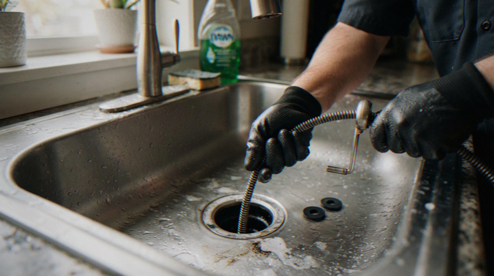 A professional plumber wearing protective gloves uses a drain sn