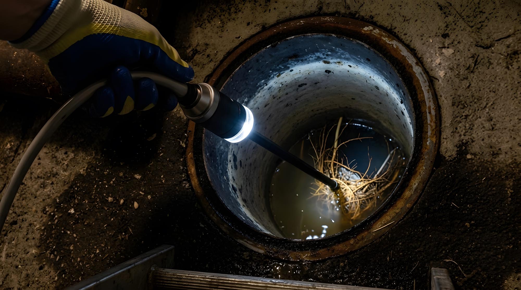 Plumber Lowering Inspection Camera into Clogged Sewer Pipe | Dra