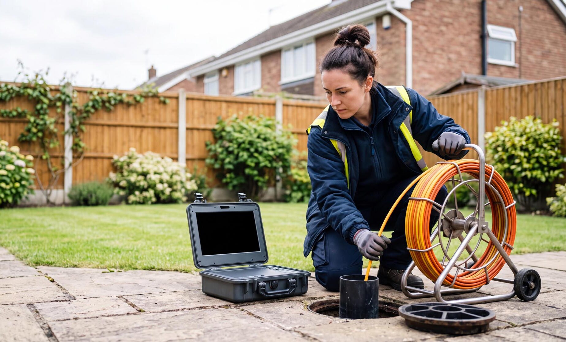 Female drainage engineer inspecting a backyard drain with a CCTV