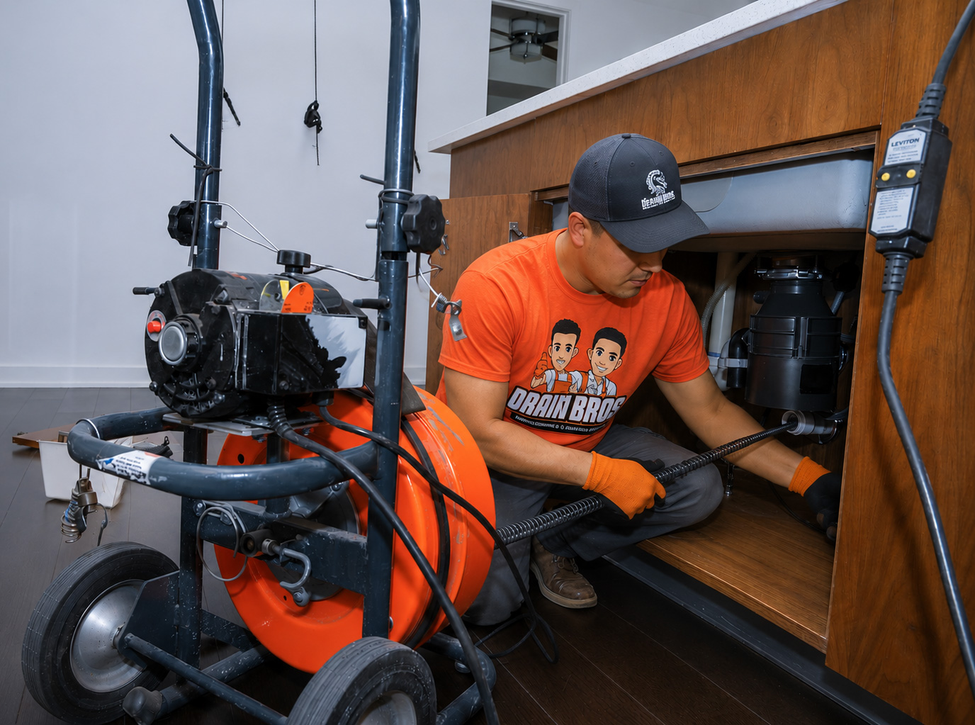 Drain Bros technician kneeling to clear a kitchen sink drain with a drain snakes machine.