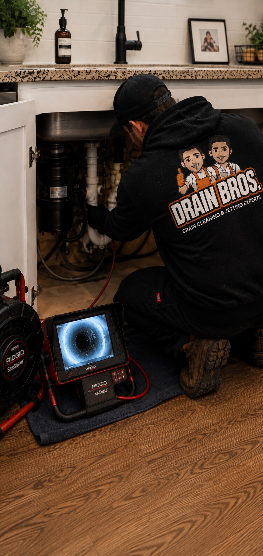 Drain Bros technician wearing a branded hoodie inspecting kitchen sink pipes using a video camera monitor.